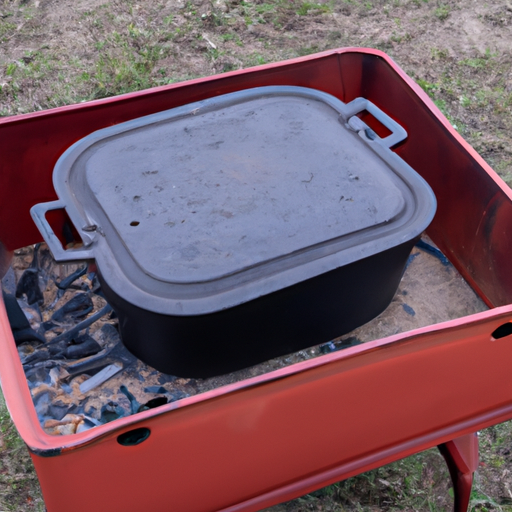 A Dutch oven placed over hot coals, perfect for cooking lasagna while camping.