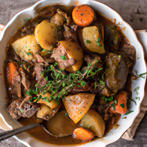 A hearty Dutch oven beef stew with tender beef, root vegetables, and aromatic herbs.