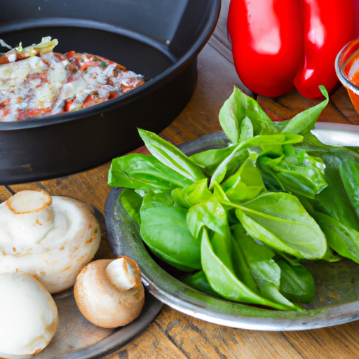 Assorted fresh ingredients for topping a Dutch oven pizza, including tomatoes, basil, mushrooms, and cheese.