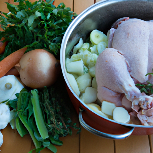 Fresh ingredients including herbs, vegetables, and a turkey, ready to be cooked in a dutch oven.